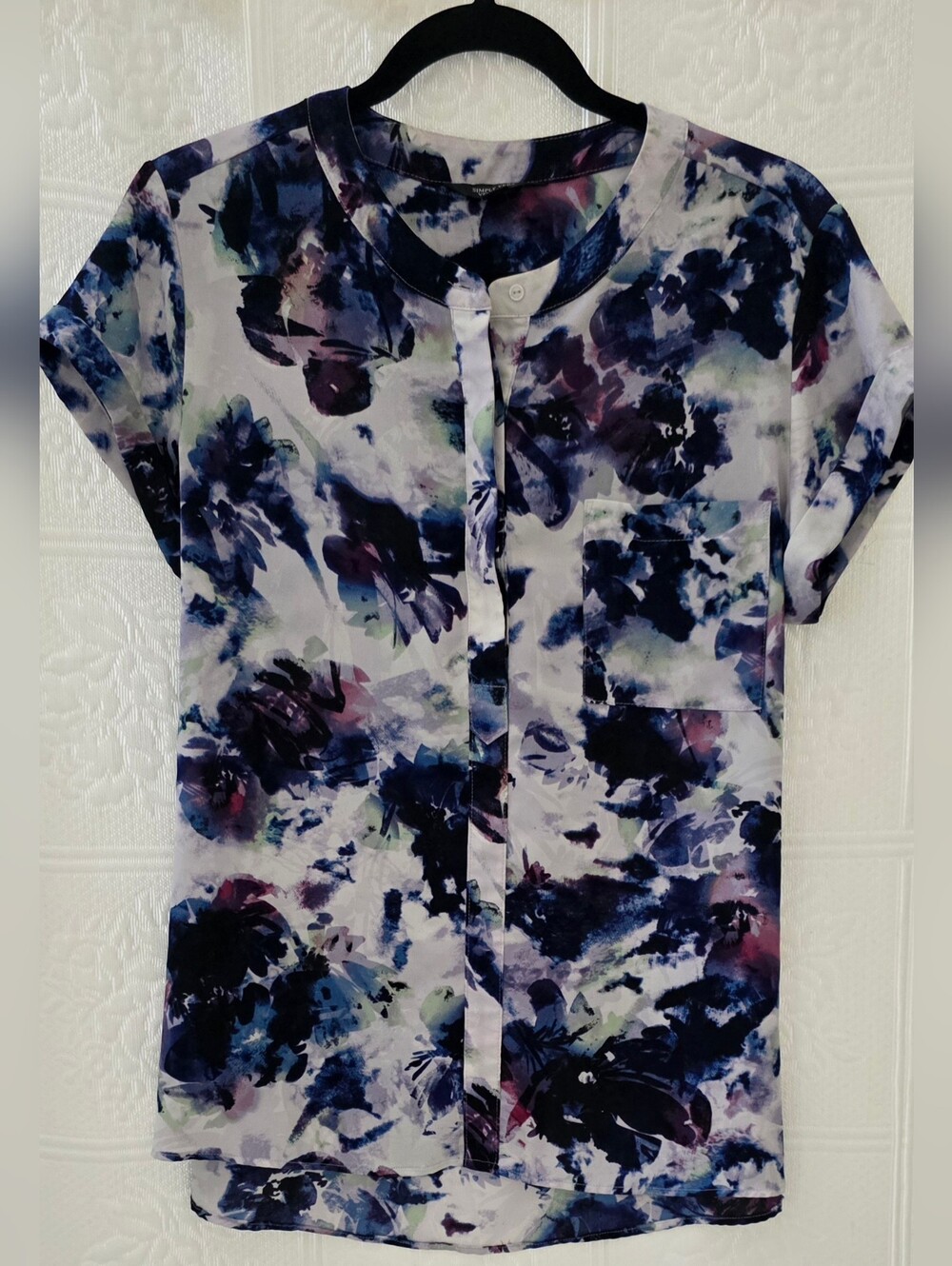 Simply Vera Vera Wang Navy and Purple Watercolor Floral Short-Sleeve Blouse
